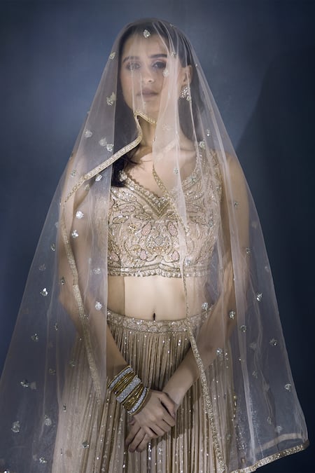 Buy Aariyana Couture Beige Georgette, Silk, Net Sequins, Embroidery And Thread Work Lehenga Set Buy_Aariyana Couture_Beige Georgette, Silk, Net Sequins, Embroidery And Thread Work Lehenga Set