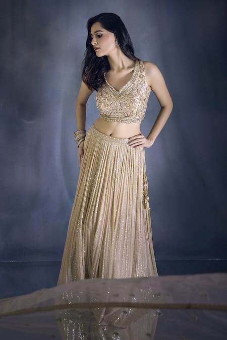 Shop Aariyana Couture Beige Georgette, Silk, Net Sequins, Embroidery And Thread Work Lehenga Set Shop_Aariyana Couture_Beige Georgette, Silk, Net Sequins, Embroidery And Thread Work Lehenga Set
