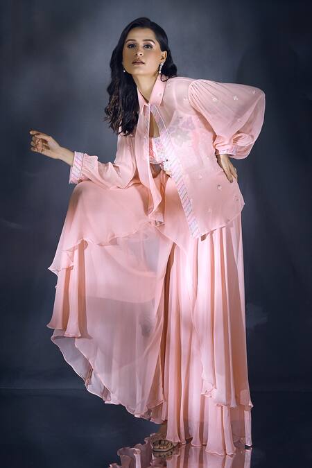 Aariyana Couture_Peach Net, Georgette Sequins, Beads, Cut Work Embroidered Layered Lehenga Set _Online_at_Aza_Fashions