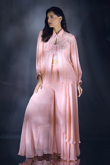 Shop_Aariyana Couture_Peach Net, Georgette Sequins, Beads, Cut Work Embroidered Layered Lehenga Set _Online_at_Aza_Fashions