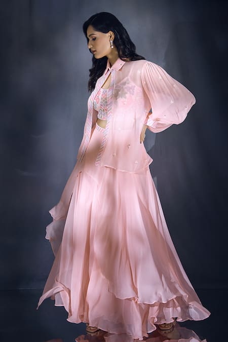 Aariyana Couture_Peach Net, Georgette Sequins, Beads, Cut Work Embroidered Layered Lehenga Set _at_Aza_Fashions