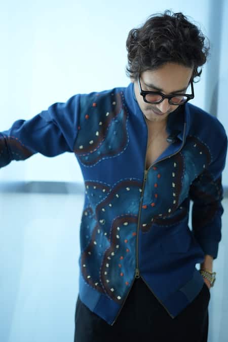 Shop Jatin Malik Blue Zari Embroidered Fiesta Bomber Jacket at Aza Fashions Shop_Jatin Malik_Blue Zari Embroidered Fiesta Bomber Jacket _at_Aza_Fashions