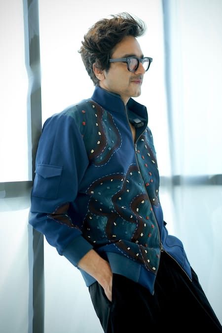 Jatin Malik Blue Zari Embroidered Fiesta Bomber Jacket Online at Aza Fashions Jatin Malik_Blue Zari Embroidered Fiesta Bomber Jacket _Online_at_Aza_Fashions