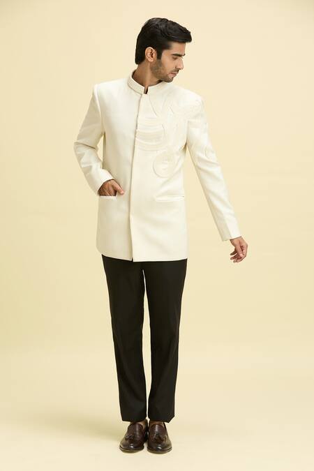 Arihant Rai Sinha Ivory Lycra, Polyester, Taffeta Pearls Wave Embroidered Bandhgala With Pant Online at Aza Fashions Arihant Rai Sinha_Ivory Lycra, Polyester, Taffeta Pearls Wave Embroidered Bandhgala With Pant_Online_at_Aza_Fashions