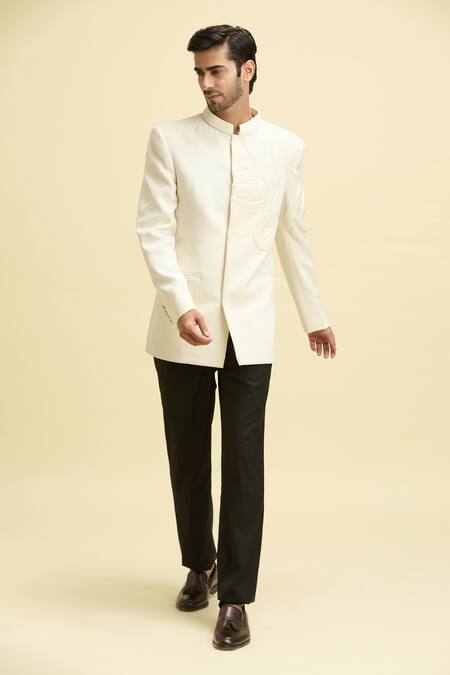 Buy Arihant Rai Sinha Ivory Lycra, Polyester, Taffeta Pearls Wave Embroidered Bandhgala With Pant Online at Aza Fashions Buy_Arihant Rai Sinha_Ivory Lycra, Polyester, Taffeta Pearls Wave Embroidered Bandhgala With Pant_Online_at_Aza_Fashions