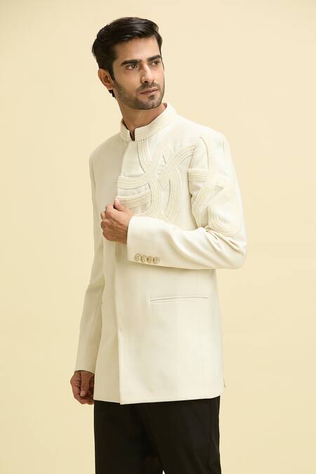 Shop Arihant Rai Sinha Ivory Lycra, Polyester, Taffeta Pearls Wave Embroidered Bandhgala With Pant Online at Aza Fashions Shop_Arihant Rai Sinha_Ivory Lycra, Polyester, Taffeta Pearls Wave Embroidered Bandhgala With Pant_Online_at_Aza_Fashions