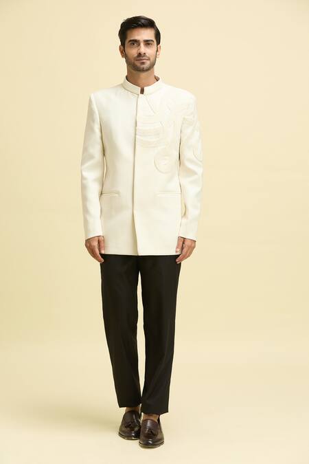 Buy Arihant Rai Sinha Ivory Lycra, Polyester, Taffeta Pearls Wave Embroidered Bandhgala With Pant Buy_Arihant Rai Sinha_Ivory Lycra, Polyester, Taffeta Pearls Wave Embroidered Bandhgala With Pant