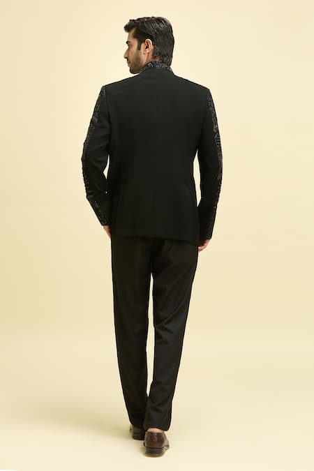 Shop_Arihant Rai Sinha_Black Lycra, Polyester, Taffeta, Crepe Embroidery, Bloom Bandhgala With Pant _at_Aza_Fashions