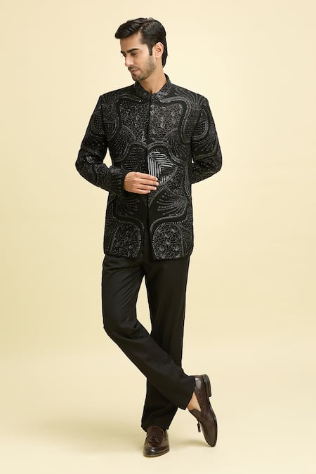 Arihant Rai Sinha_Black Lycra, Polyester, Taffeta, Crepe Embroidery, Bloom Bandhgala With Pant _Online_at_Aza_Fashions