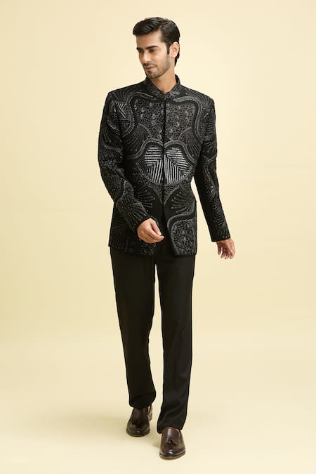 Buy_Arihant Rai Sinha_Black Lycra, Polyester, Taffeta, Crepe Embroidery, Bloom Bandhgala With Pant _Online_at_Aza_Fashions