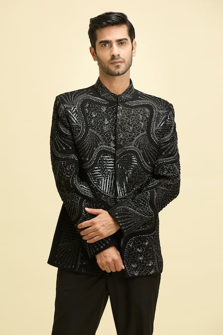 Shop_Arihant Rai Sinha_Black Lycra, Polyester, Taffeta, Crepe Embroidery, Bloom Bandhgala With Pant _Online_at_Aza_Fashions