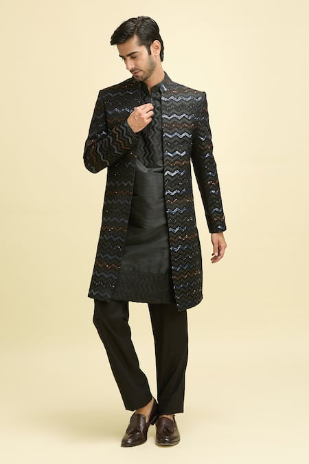 Aryavir Malhotra Sequin Chevron Embroidered Jacket Kurta Set 