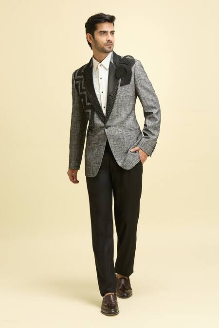 Arihant Rai Sinha_Grey Cotton, Lycra, Taffeta Cut Textured Draped Plisse Style Tuxedo Pant Set_Online_at_Aza_Fashions