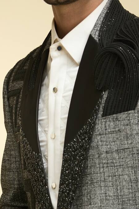 Shop_Arihant Rai Sinha_Grey Cotton, Lycra, Taffeta Cut Textured Draped Plisse Style Tuxedo Pant Set_Online_at_Aza_Fashions