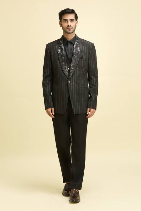 Arihant Rai Sinha_Black Cotton, Lycra, Taffeta Sequins, Embroidery Lapel Collar Striped Tuxedo Set_Online_at_Aza_Fashions