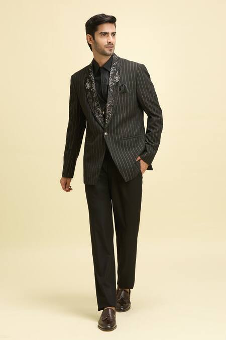 Buy_Arihant Rai Sinha_Black Cotton, Lycra, Taffeta Sequins, Embroidery Lapel Collar Striped Tuxedo Set_Online_at_Aza_Fashions