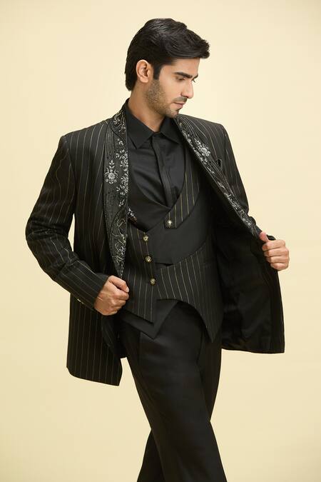 Shop_Arihant Rai Sinha_Black Cotton, Lycra, Taffeta Sequins, Embroidery Lapel Collar Striped Tuxedo Set_Online_at_Aza_Fashions