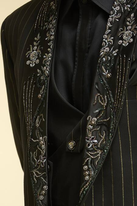 Arihant Rai Sinha_Black Cotton, Lycra, Taffeta Sequins, Embroidery Lapel Collar Striped Tuxedo Set_at_Aza_Fashions
