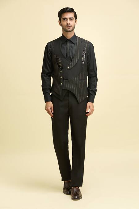 Buy_Arihant Rai Sinha_Black Cotton, Lycra, Taffeta Sequins, Embroidery Lapel Collar Striped Tuxedo Set