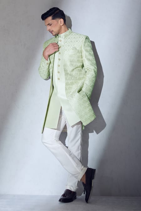 Alaya Advani Green Slub Silk Embroidered Thread Sherwani Jacket Kurta Set 