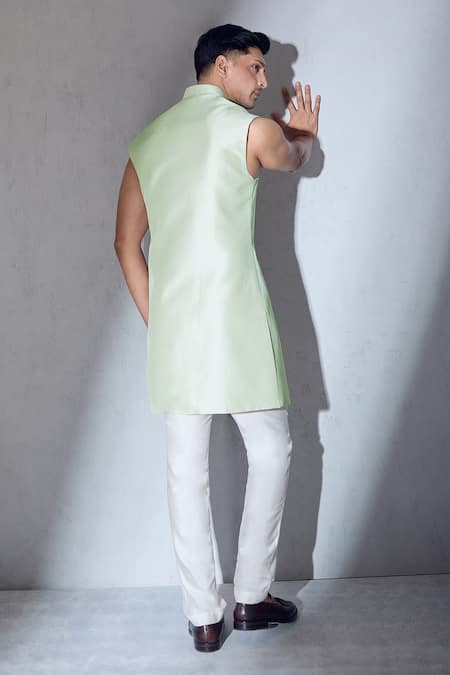 Shop Aariyana Couture Green Silk Embroidery Sherwani Jacket Kurta Set at Aza Fashions Shop_Aariyana Couture_Green Silk Embroidery Sherwani Jacket Kurta Set_at_Aza_Fashions