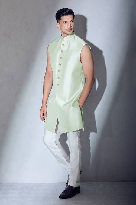 Aariyana Couture Green Silk Embroidery Sherwani Jacket Kurta Set Online at Aza Fashions Aariyana Couture_Green Silk Embroidery Sherwani Jacket Kurta Set_Online_at_Aza_Fashions