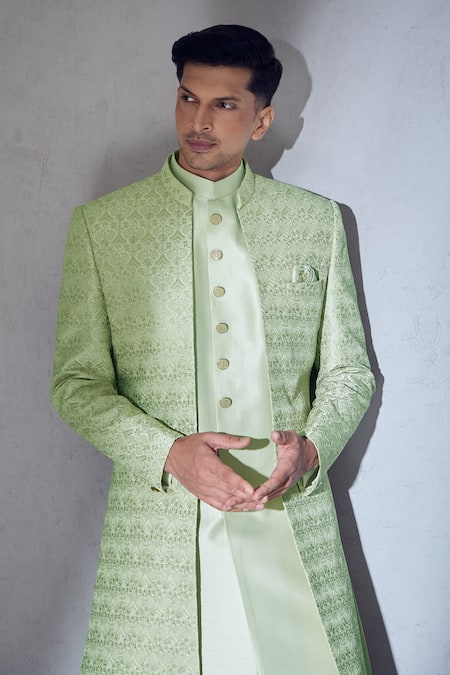 Shop Aariyana Couture Green Silk Embroidery Sherwani Jacket Kurta Set Online at Aza Fashions Shop_Aariyana Couture_Green Silk Embroidery Sherwani Jacket Kurta Set_Online_at_Aza_Fashions