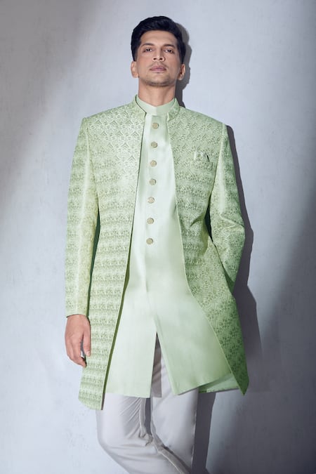 Aariyana Couture Green Silk Embroidery Sherwani Jacket Kurta Set at Aza Fashions Aariyana Couture_Green Silk Embroidery Sherwani Jacket Kurta Set_at_Aza_Fashions