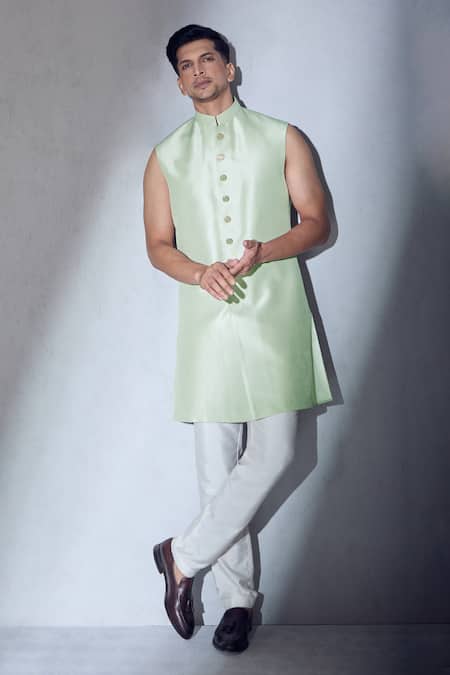 Shop Aariyana Couture Green Silk Embroidery Sherwani Jacket Kurta Set Shop_Aariyana Couture_Green Silk Embroidery Sherwani Jacket Kurta Set