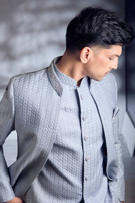 Aariyana Couture Blue Brocade, Faux Leather Sequins, Embroidery And Thread Work Sherwani Jacket Set Online at Aza Fashions Aariyana Couture_Blue Brocade, Faux Leather Sequins, Embroidery And Thread Work Sherwani Jacket Set_Online_at_Aza_Fashions