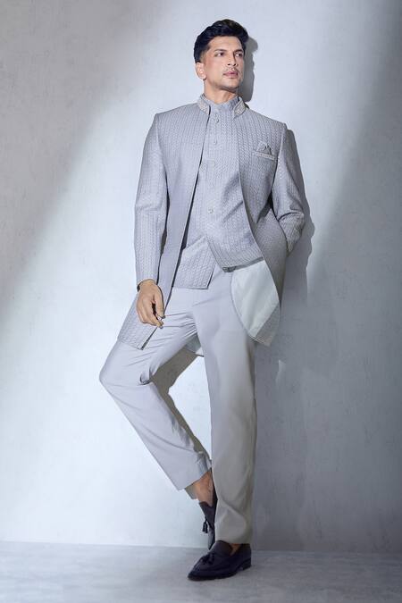 Buy Aariyana Couture Blue Brocade, Faux Leather Sequins, Embroidery And Thread Work Sherwani Jacket Set Online at Aza Fashions Buy_Aariyana Couture_Blue Brocade, Faux Leather Sequins, Embroidery And Thread Work Sherwani Jacket Set_Online_at_Aza_Fashions