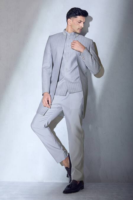 Shop Aariyana Couture Blue Brocade, Faux Leather Sequins, Embroidery And Thread Work Sherwani Jacket Set Online at Aza Fashions Shop_Aariyana Couture_Blue Brocade, Faux Leather Sequins, Embroidery And Thread Work Sherwani Jacket Set_Online_at_Aza_Fashions