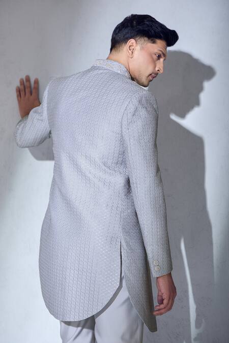 Aariyana Couture Blue Brocade, Faux Leather Sequins, Embroidery And Thread Work Sherwani Jacket Set at Aza Fashions Aariyana Couture_Blue Brocade, Faux Leather Sequins, Embroidery And Thread Work Sherwani Jacket Set_at_Aza_Fashions