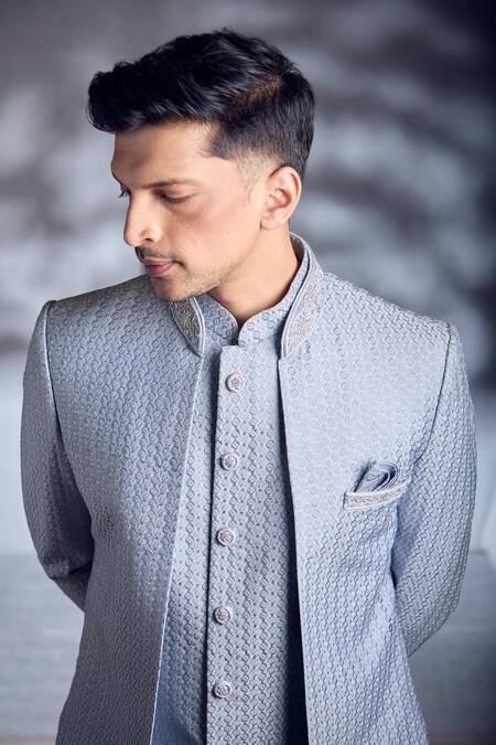 Buy Aariyana Couture Blue Brocade, Faux Leather Sequins, Embroidery And Thread Work Sherwani Jacket Set Buy_Aariyana Couture_Blue Brocade, Faux Leather Sequins, Embroidery And Thread Work Sherwani Jacket Set