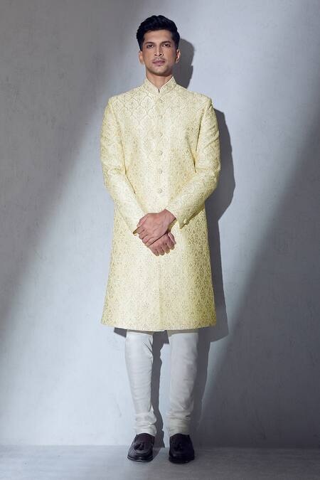 Shop_Aariyana Couture_Cream Silk, Cotton Embroidery Sherwani And Churidar Set_at_Aza_Fashions