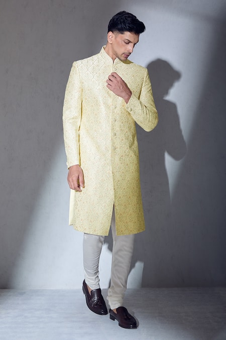 Aariyana Couture_Cream Silk, Cotton Embroidery Sherwani And Churidar Set_Online_at_Aza_Fashions