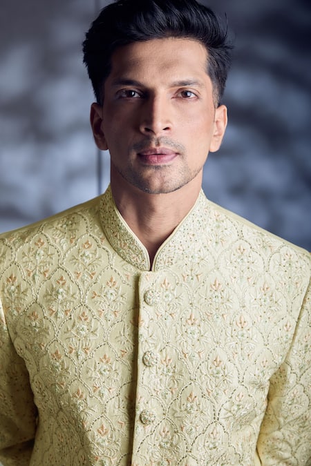 Buy_Aariyana Couture_Cream Silk, Cotton Embroidery Sherwani And Churidar Set_Online_at_Aza_Fashions