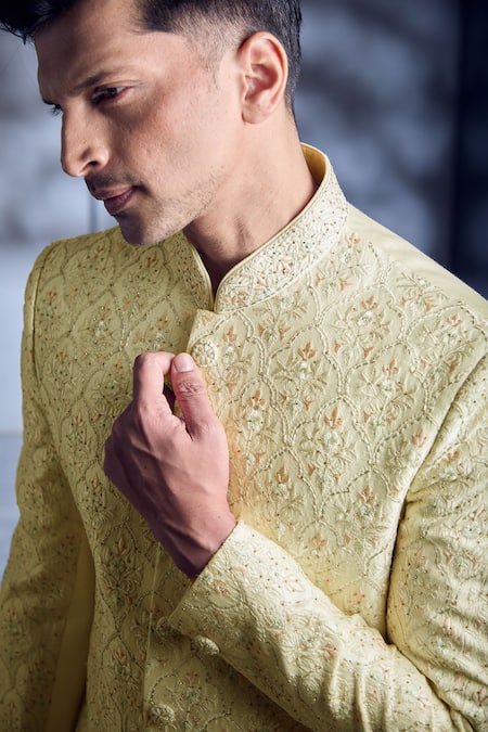 Shop_Aariyana Couture_Cream Silk, Cotton Embroidery Sherwani And Churidar Set_Online_at_Aza_Fashions