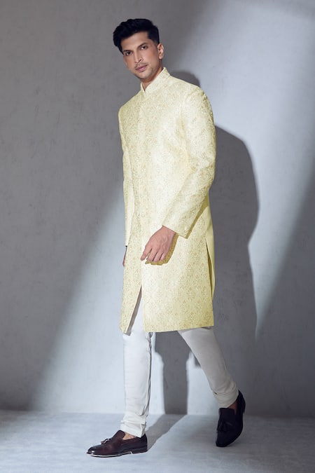 Aariyana Couture_Cream Silk, Cotton Embroidery Sherwani And Churidar Set_at_Aza_Fashions