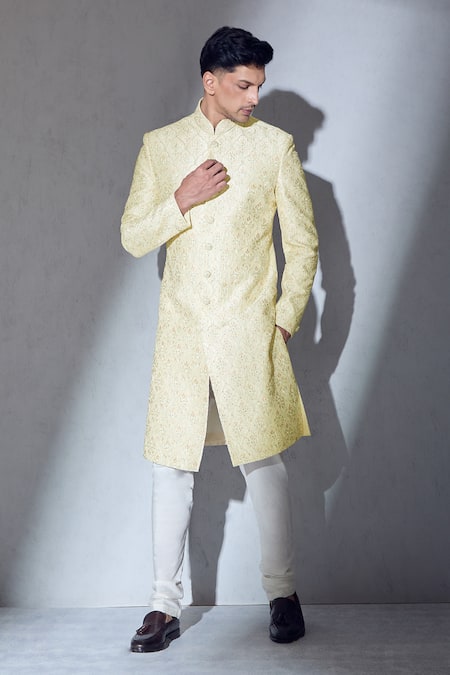 Buy_Aariyana Couture_Cream Silk, Cotton Embroidery Sherwani And Churidar Set