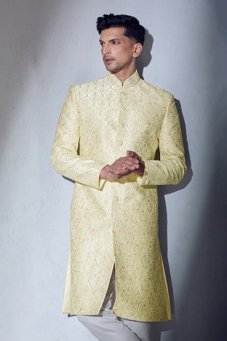Shop_Aariyana Couture_Cream Silk, Cotton Embroidery Sherwani And Churidar Set