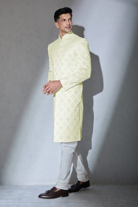 Aariyana Couture_White Polyester Embroidery Geometric Leaf Sherwani And Churidar Set_Online_at_Aza_Fashions