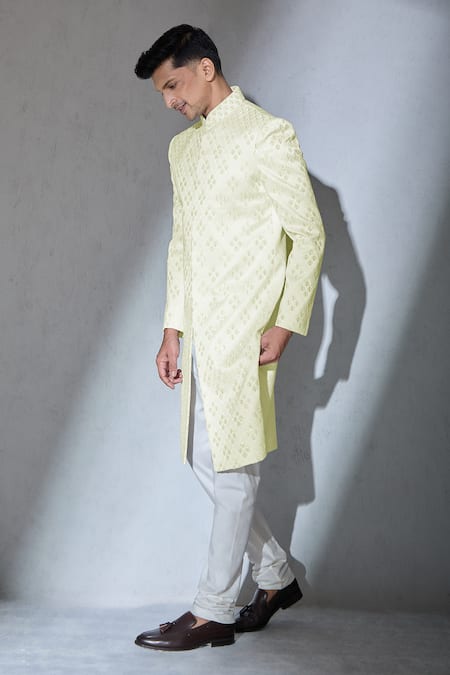 Buy_Aariyana Couture_White Polyester Embroidery Geometric Leaf Sherwani And Churidar Set_Online_at_Aza_Fashions