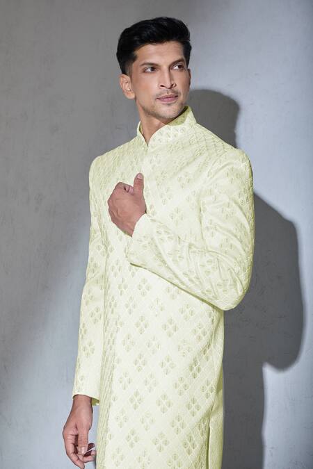 Shop_Aariyana Couture_White Polyester Embroidery Geometric Leaf Sherwani And Churidar Set_Online_at_Aza_Fashions