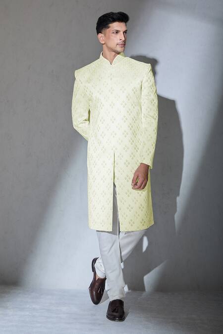 Aariyana Couture_White Polyester Embroidery Geometric Leaf Sherwani And Churidar Set_at_Aza_Fashions