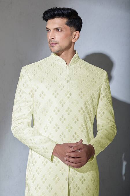 Buy_Aariyana Couture_White Polyester Embroidery Geometric Leaf Sherwani And Churidar Set
