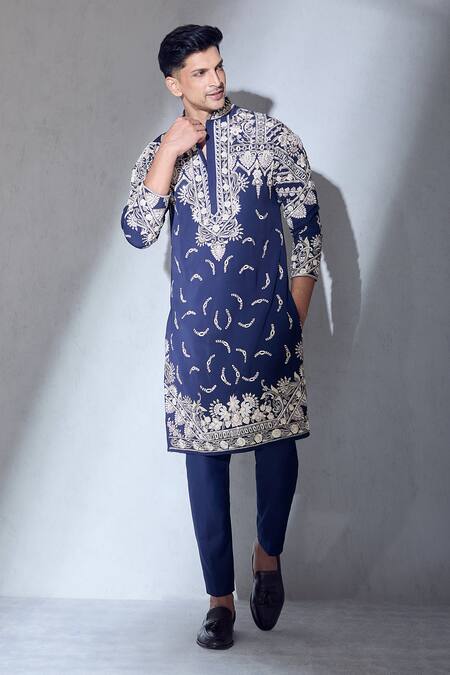 Shop_Aariyana Couture_Blue Silk, Lycra, Polyester Embroidery Resham Work Kurta And Pant Set_at_Aza_Fashions