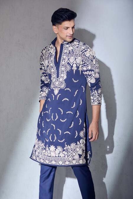 Aariyana Couture_Blue Silk, Lycra, Polyester Embroidery Resham Work Kurta And Pant Set_Online_at_Aza_Fashions
