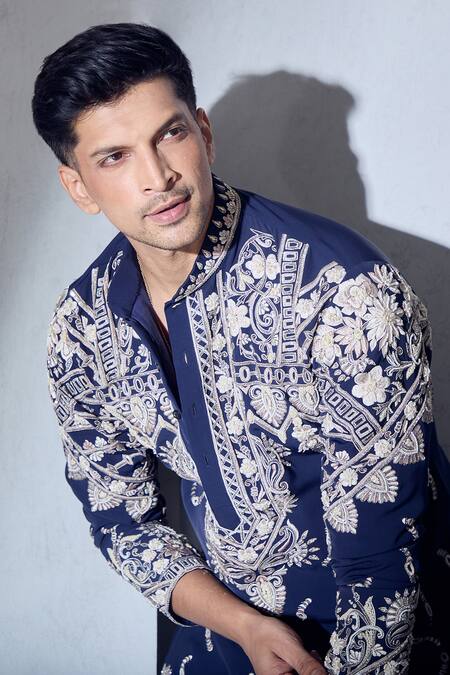 Shop_Aariyana Couture_Blue Silk, Lycra, Polyester Embroidery Resham Work Kurta And Pant Set_Online_at_Aza_Fashions