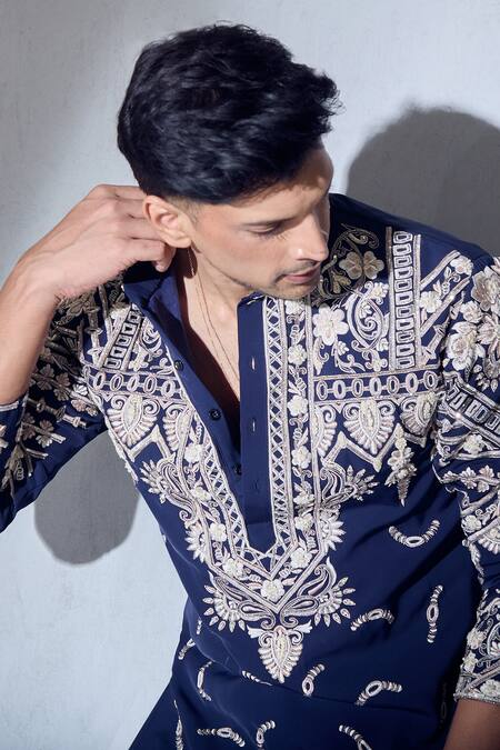 Aariyana Couture_Blue Silk, Lycra, Polyester Embroidery Resham Work Kurta And Pant Set_at_Aza_Fashions